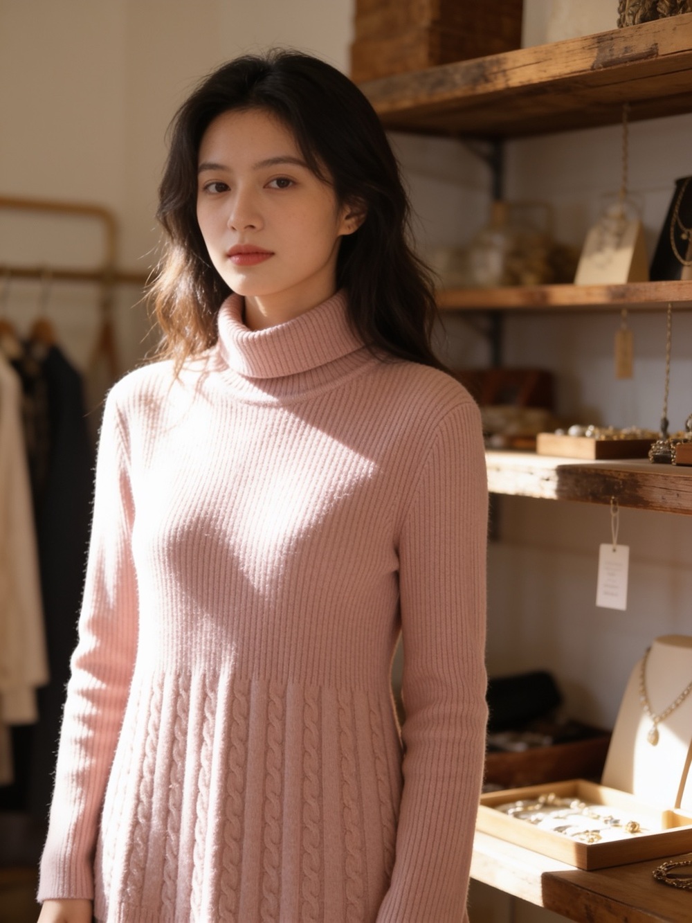 Soft Surroundings Michelle Cashmere Blend Turtleneck Tunic Sweater Peachy Pink